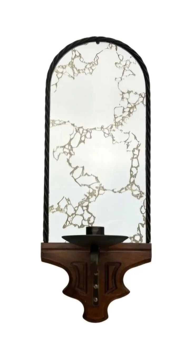 Vintage MCM Iron & Wood Wall Sconce Candlestick Holder, Gold Vein Mirror